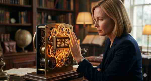 A close-up shot of a blonde woman in a dark blazer placing her hand near a glowing vintage clock mechanism with an integrated digital screen displaying the words 'RES ET FIN ANCIAL THE RM OST AT' in a cozy study.