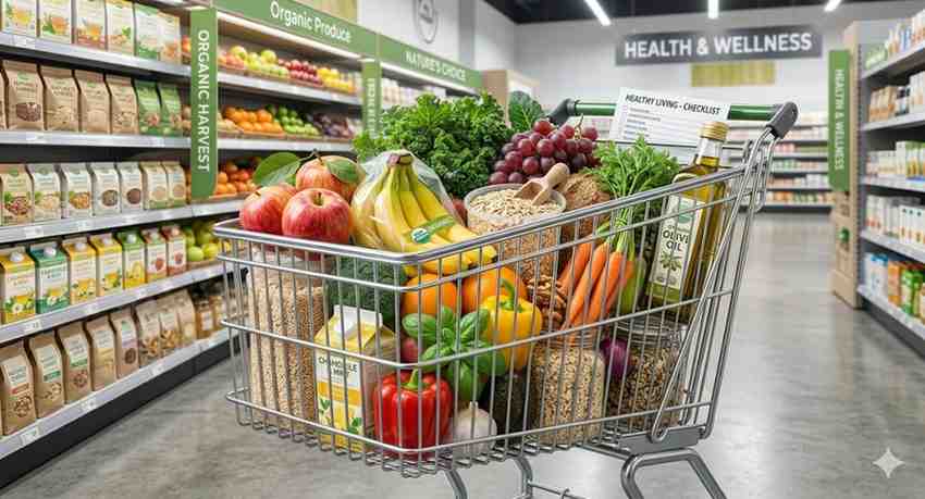 A supermarket shopping cart packed with fresh organic fruits, vegetables, olive oil, and grains in a modern grocery aisle under bright lighting, shared by devchandrika.com.
