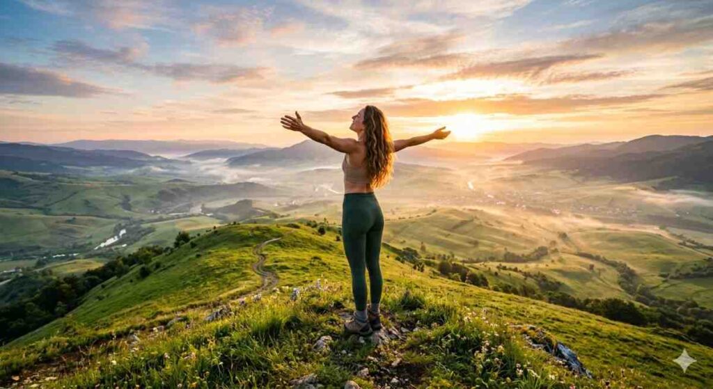 A woman with open arms standing on top of a lush green hill, looking out at a vast misty valley landscape during a beautiful golden sunrise.