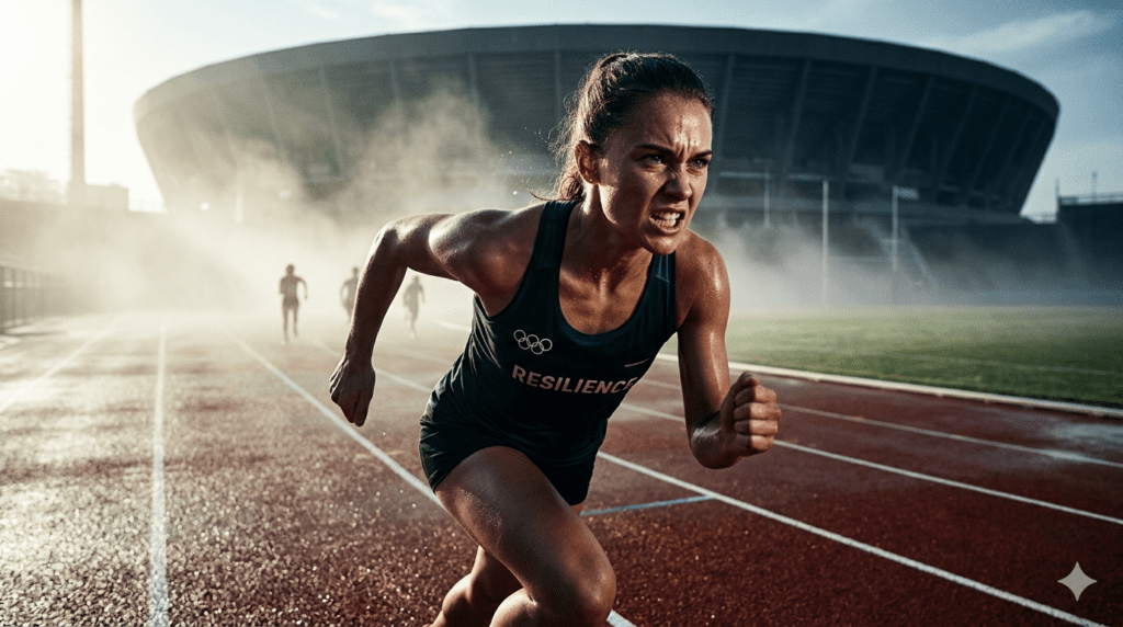 A close-up, low-angle shot of a determined male sprinter on a running track with a fierce expression of grit and concentration, captured in dramatic morning sunlight.