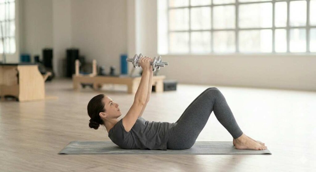 A side view of a woman lying on a yoga mat, lifting her upper back off the floor while holding dumbbells straight up toward the ceiling.