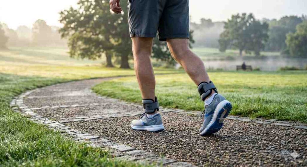 A close-up shot of a person’s legs walking on a stone pathway in a misty green park, wearing running shoes and grey ankle weights.
