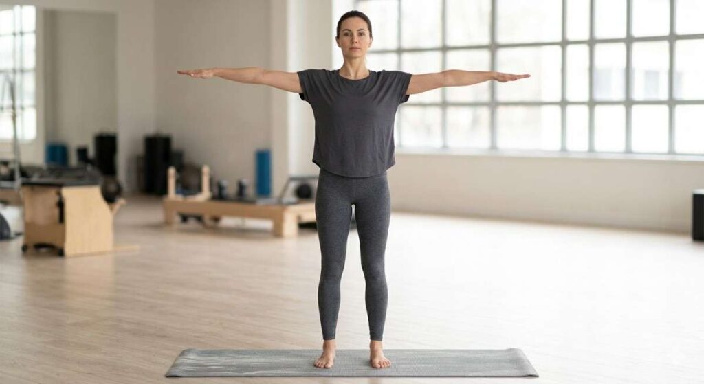 A woman standing in a gym on a yoga mat, smoothly raising her right arm straight out in front of her to shoulder level.