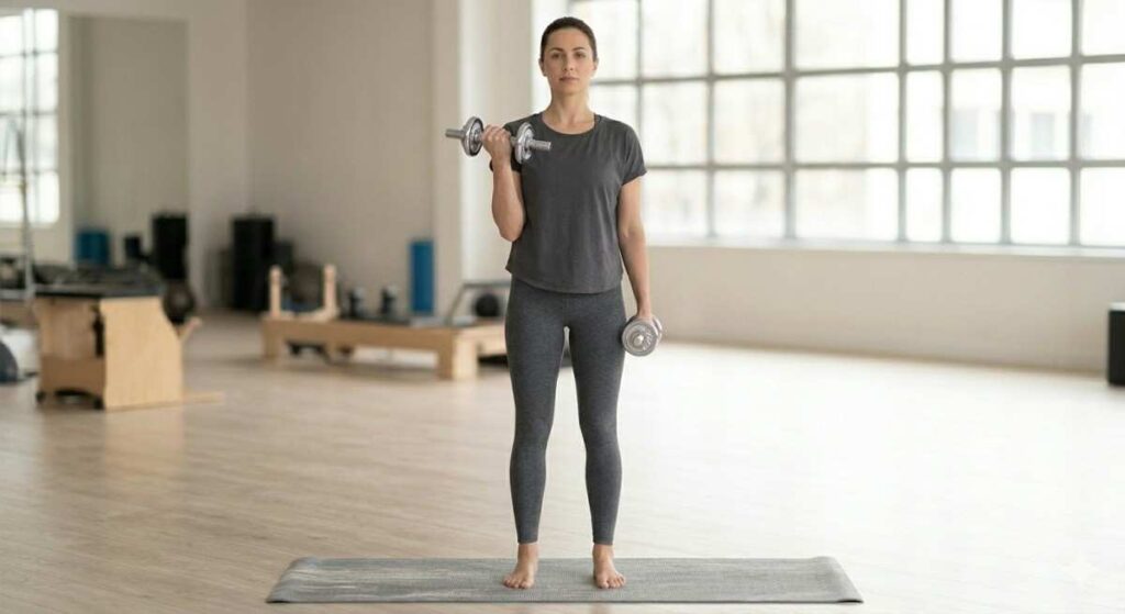 A woman standing on a workout mat while performing a bicep curl with a silver dumbbell in one hand.
