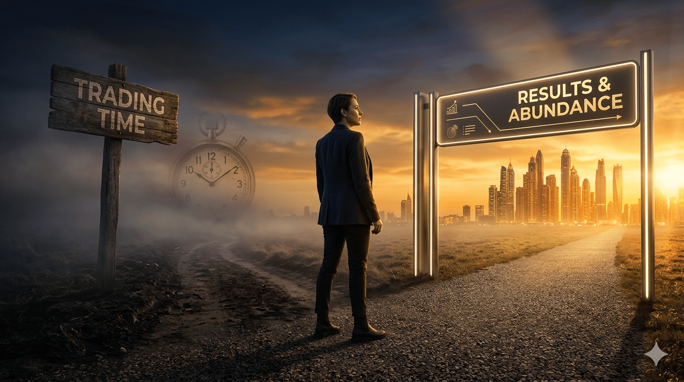 A person standing at a dramatic crossroads choosing between trading time for money and earning based on results.