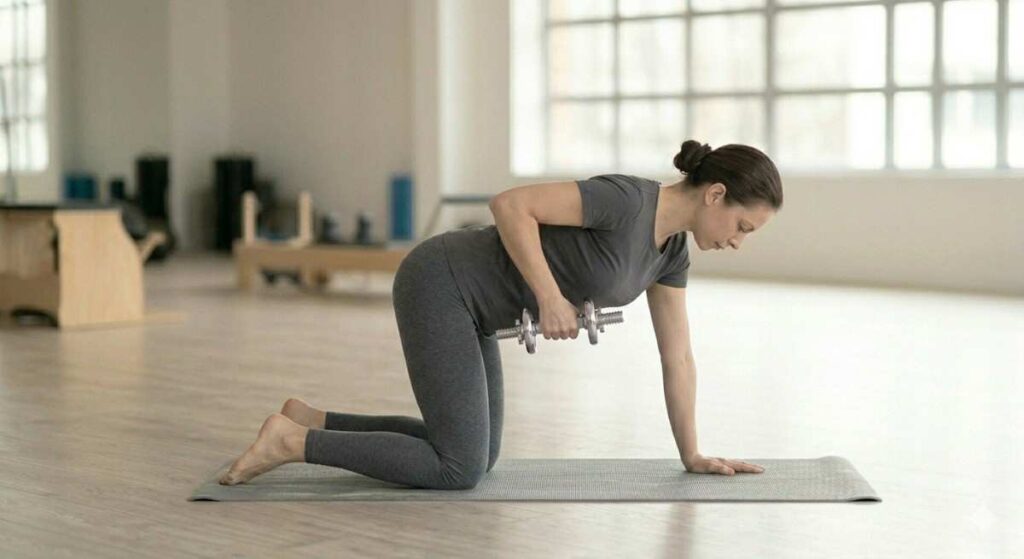 A side view of a woman on her knees and one hand on a mat, pulling a dumbbell up toward her chest while maintaining a flat back.
