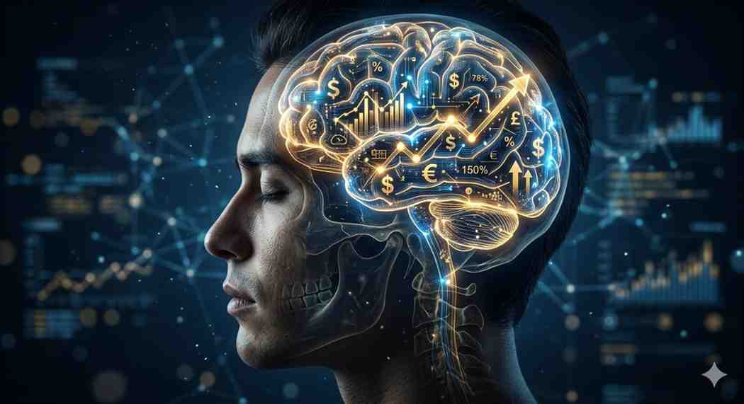 A side profile of a human head with a glowing digital brain displaying golden financial charts, percentage symbols, and upward arrows, representing business intelligence and mindset growth.